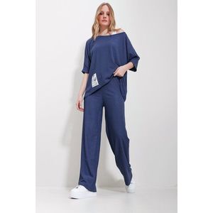 Trend Alaçatı Stili Women's Navy Blue Boat Neck Blouse And Palazzo Trousers 3-Piece Suit obraz