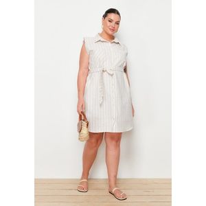 Trendyol Curve Beige Front Buttoned Midi Woven Linen Look Dress obraz