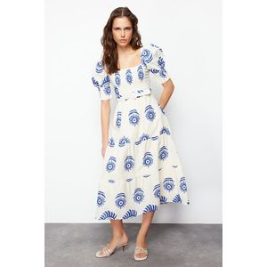 Trendyol Blue Patterned Square Neck Linen Look Belted Midi Woven Dress obraz