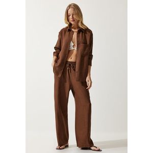 Happiness İstanbul Women's Brown Oversize Shirt Wide Trousers Suit obraz