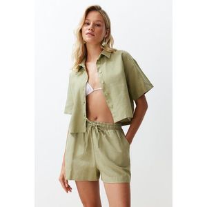 Trendyol Green Woven Linen Look Shirt Shorts Set obraz