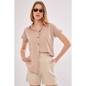 armonika Women's Beige Short Sleeve Linen Shirt obraz