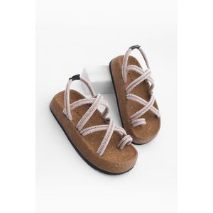 Marjin Women's Cork Sole Patterned Cotton Rope Cross Band Daily Sandals Hista Beige obraz