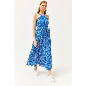 Olalook Women's Polka Dot Sax Blue Halter Neck Belted Woven Viscon Dress obraz