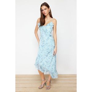 Trendyol Blue Floral Ruffle A-line Chiffon Lined Maxi Woven Dress obraz