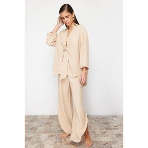 Trendyol Beige Woven Tied Linen blended Shirt Pants Set obraz