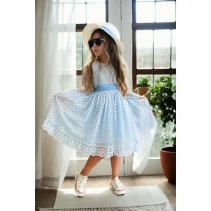 N8712 Dewberry Princess Model Girls Dress with Hat & Lace-BLUE obraz