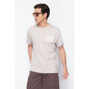 Trendyol Gray Relaxed/Comfortable Cut Text Printed Short Sleeve 100% Cotton T-Shirt obraz
