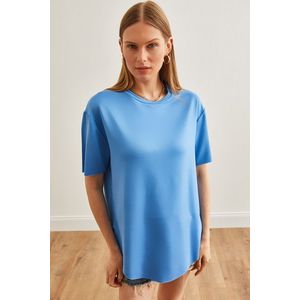 Olalook Women's Indigo Modal Buttoned Soft Texture Six Oval T-Shirt obraz