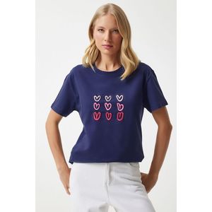 Happiness İstanbul Women's Cobalt Blue Heart Embroidered Cotton T-Shirt obraz