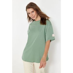 Trendyol Mint More Sustainable 100% Cotton Oversize Cut Woven Label Knitted T-Shirt obraz