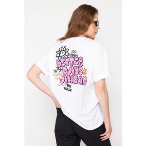 Trendyol White 100% Cotton Back and Front Printed Oversize/Wide Knitted T-Shirt obraz
