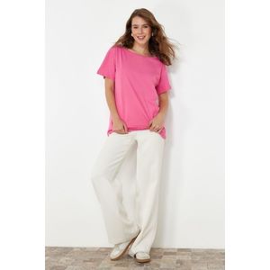 Trendyol Pink 100% Cotton Boyfriend Boat Neck Knitted T-Shirt obraz