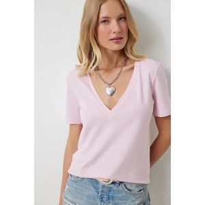 Happiness İstanbul Women's Pink V-Neck Basic Knitted T-Shirt obraz