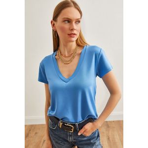 Olalook Women's Indigo Deep V-Neck Modal Button T-Shirt obraz