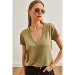 Olalook Women's Khaki Deep V Neck Modal Button T-Shirt obraz