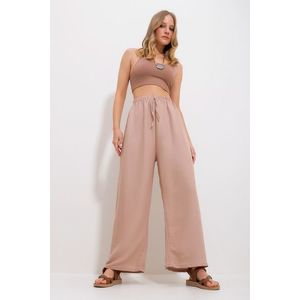 Trend Alaçatı Stili Women's Beige Elastic Waist Wide Leg Loose Woven Trousers obraz