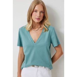 Happiness İstanbul Women's Green V-Neck Basic Knitted T-Shirt obraz