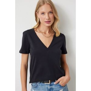 Happiness İstanbul Women's Black V-Neck Basic Knitted T-Shirt obraz