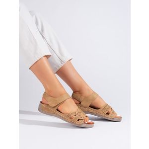 Shelvt Women's light brown sandals on a low wedge obraz