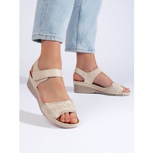 Shelvt Beige women's Velcro sandals obraz