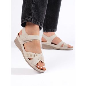 Shelvt Women's wedge sandals with velcro beige obraz