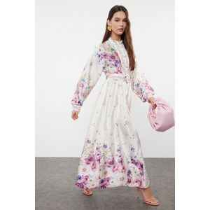 Trendyol Ecru Belted Woven Floral Patterned Dress obraz