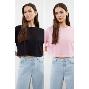 Trendyol Black-Pink 2 Pack 100% Cotton Relax/Comfortable Cut Crop Knitted T-Shirt obraz