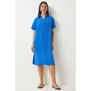 Happiness İstanbul Women's Blue Polo Neck Summer Loose Muslin Dress obraz