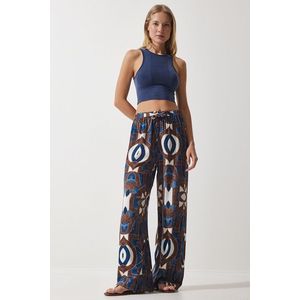 Happiness İstanbul Women's Navy Blue Brown Patterned Flowing Viscose Palazzo Trousers obraz