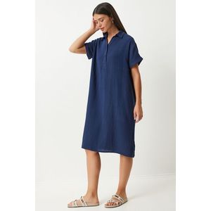 Happiness İstanbul Women's Navy Blue Polo Neck Summer Loose Muslin Dress obraz