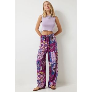 Happiness İstanbul Women's Plum Ecru Patterned Draped Viscose Palazzo Trousers obraz