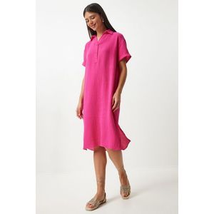 Happiness İstanbul Women's Dark Pink Polo Neck Summer Loose Muslin Dress obraz