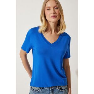 Happiness İstanbul Women's Cobalt Blue V-Neck Basic Viscose Knitted T-Shirt obraz