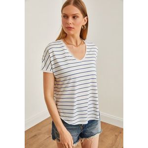 Olalook Women's Indigo V-Neck Striped Filthy Stitching Casual T-Shirt obraz