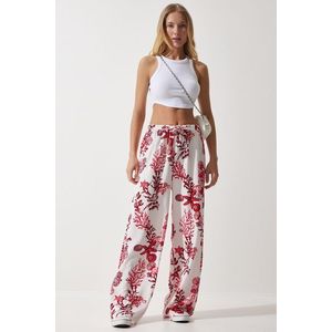 Happiness İstanbul Women's White Pink Patterned Flowing Viscose Palazzo Trousers obraz