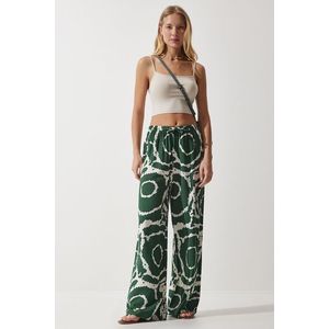 Happiness İstanbul Women's Dark Green Cream Patterned Flowing Viscose Palazzo Trousers obraz