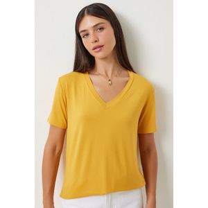 Happiness İstanbul Women's Yellow V-Neck Basic Viscose Knitted T-Shirt obraz