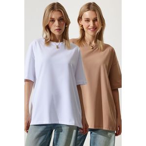 Happiness İstanbul Woman's White Dark Beige 2-Piece Crew Neck Basic Oversize Knitted T-Shirt obraz