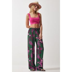 Happiness İstanbul Women's Dark Green Fuchsia Patterned Flowing Viscose Palazzo Trousers obraz