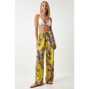 Happiness İstanbul Women's Yellow Purple Patterned Flowy Viscose Palazzo Trousers obraz