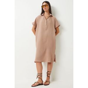 Happiness İstanbul Women's Biscuit Polo Neck Summer Loose Muslin Dress obraz