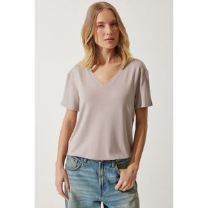 Happiness İstanbul Women's Mink V-Neck Basic Viscose Knitted T-Shirt obraz