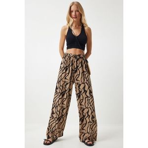 Happiness İstanbul Women's Beige Black Patterned Loose Viscose Palazzo Trousers obraz