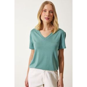 Happiness İstanbul Women's Green V-Neck Basic Viscose Knitted T-Shirt obraz