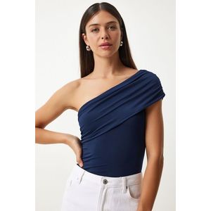 Happiness İstanbul Women's Navy Blue One Shoulder Gathered Knitted Blouse obraz