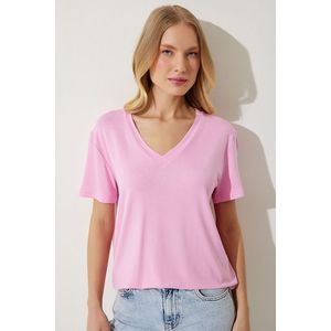 Happiness İstanbul Women's Pink V-Neck Basic Viscose Knitted T-Shirt obraz