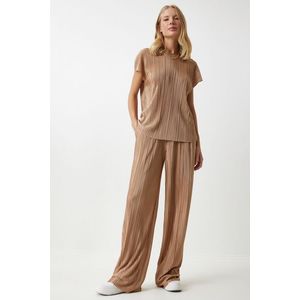 Happiness İstanbul Women's Biscuit Pleated Casual Blouse Trousers Set obraz