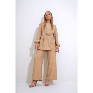 Trend Alaçatı Stili Women's Beige Crew Neck Self-Belt Palazzo Trousers Tunic Suit obraz