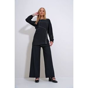 Trend Alaçatı Stili Women's Black Crew Neck Pearl and Stone Embroidered Tunic and Trousers Set obraz